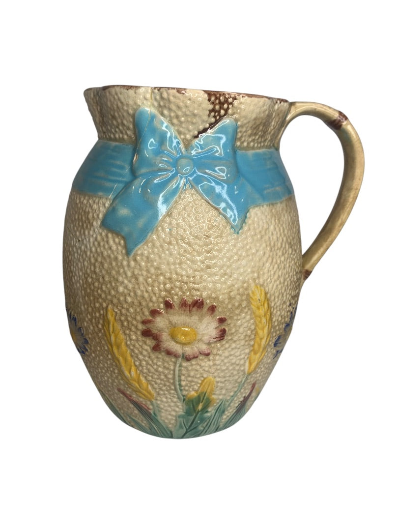 Simon Fielding Majolica Pitcher Ribbon Pattern Antique 8 Inch Wildflower Ribbon