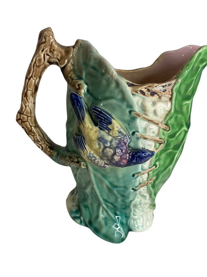 Majolica Pottery Pitcher Antique Bird Corset 1880s 8.5 Inch