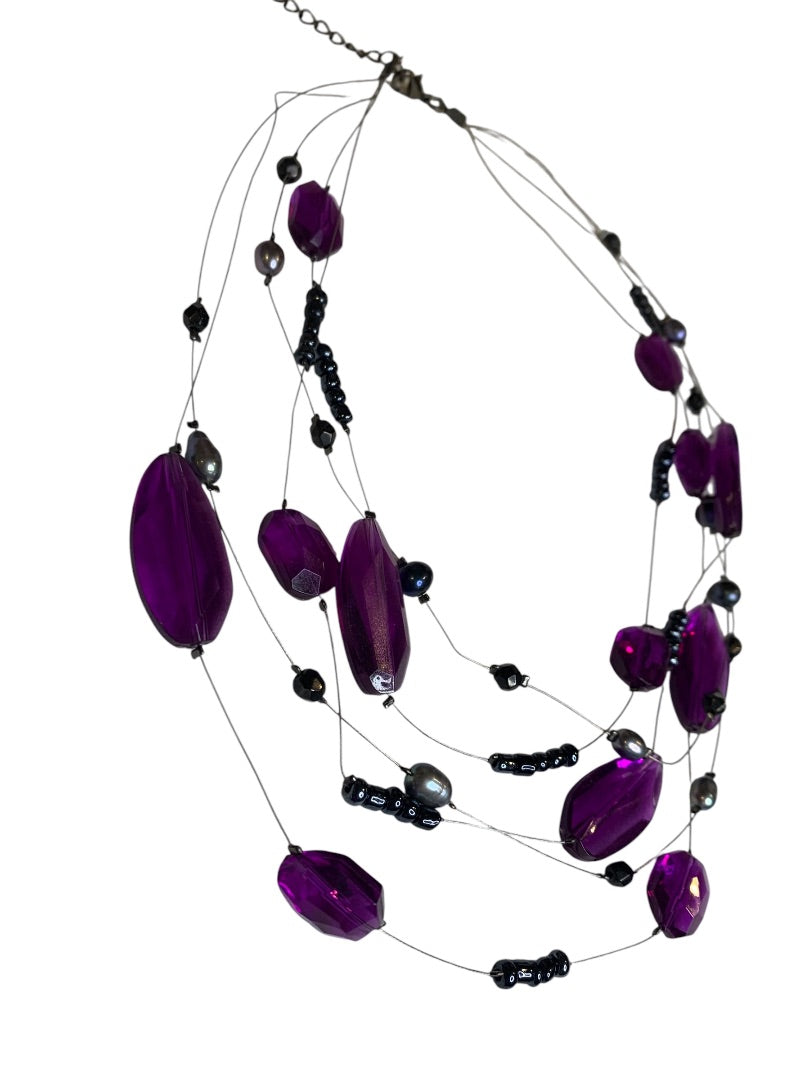 Multistrand Purple Beaded Wire Necklace 16-18 Inch