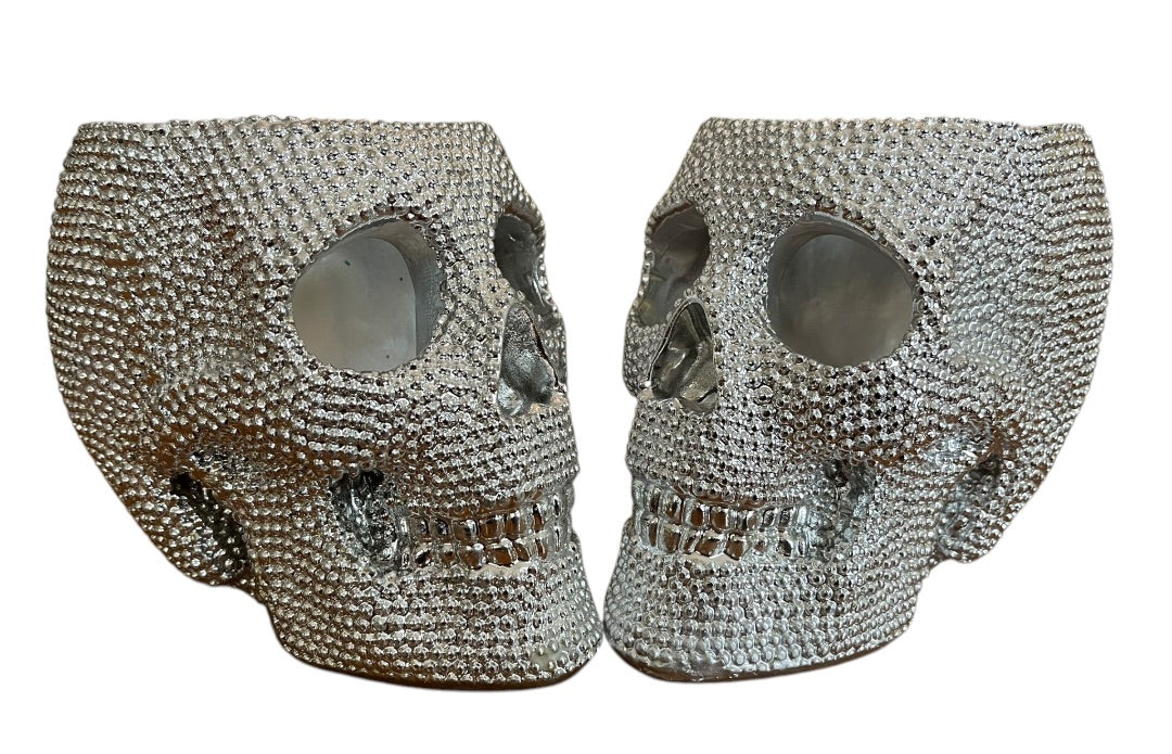 Set of 2 Silvertone Skull Textured Decor Bowl Dish Centerpiece 6 Inch