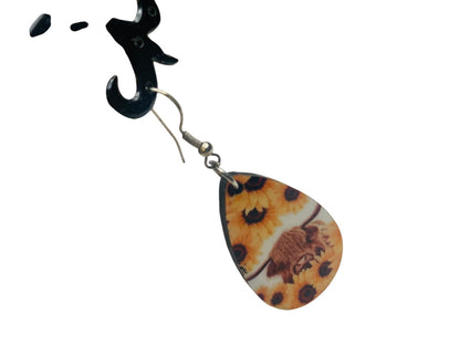 Sunflower Highland Cow Hook Pierced Earrings Lightweight Double Sided