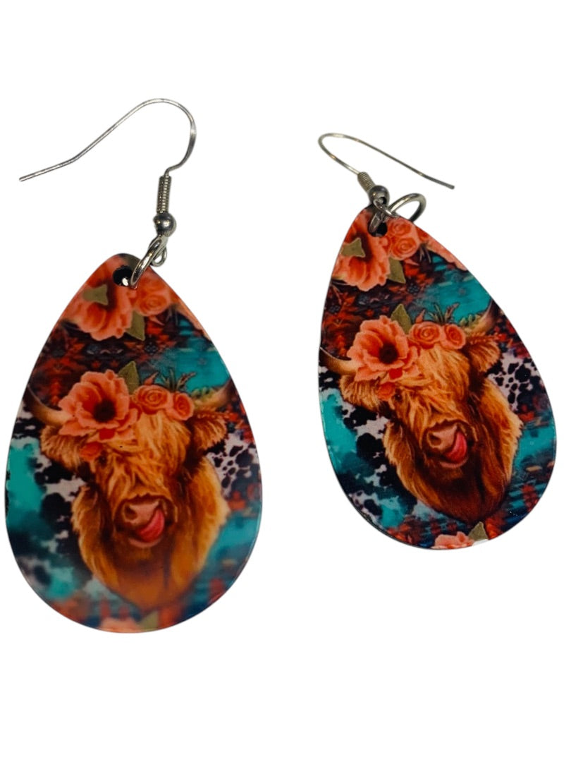 Highland Cow Floral Hook Pierced Earrings Lightweight Double Sided 2.4" Drop