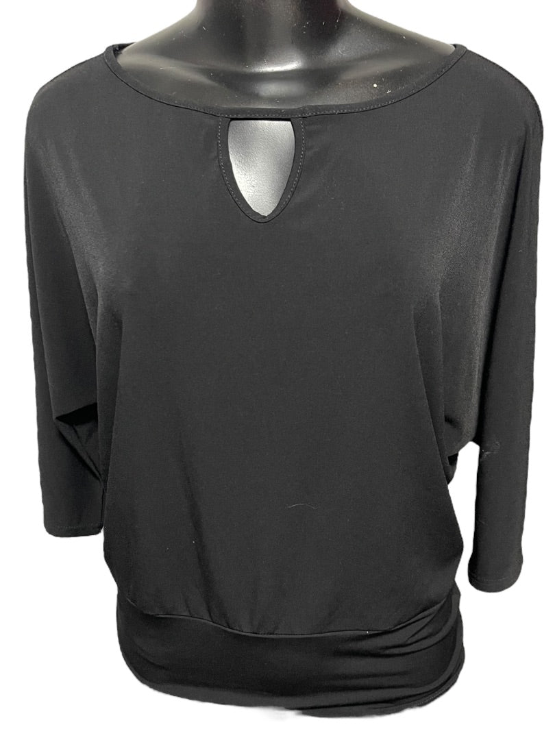 XS Clara Sun Woo Black Keyhole 3/4 Sleeve Banded Hem Womens Shirt Black