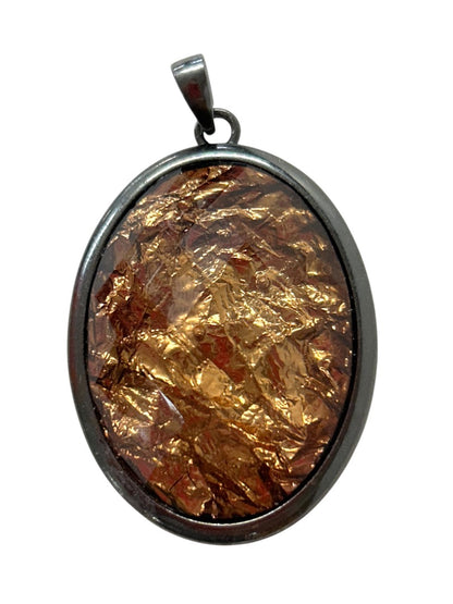 Statement Pendant Pewter Color Faceted Acrylic Copper Color Oval 2" x 1.25"