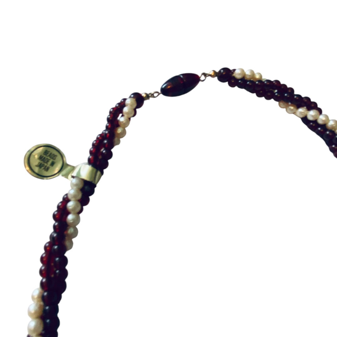 Vintage Twist Multistrand Necklace Burgundy Cream Beading 18 Inch Barrel Screw Clasp