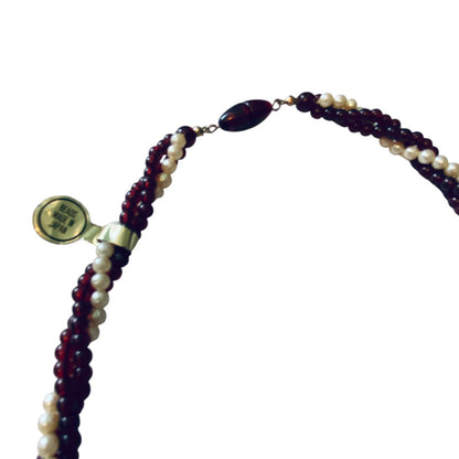 Vintage Twist Multistrand Necklace Burgundy Cream Beading 18 Inch Barrel Screw Clasp