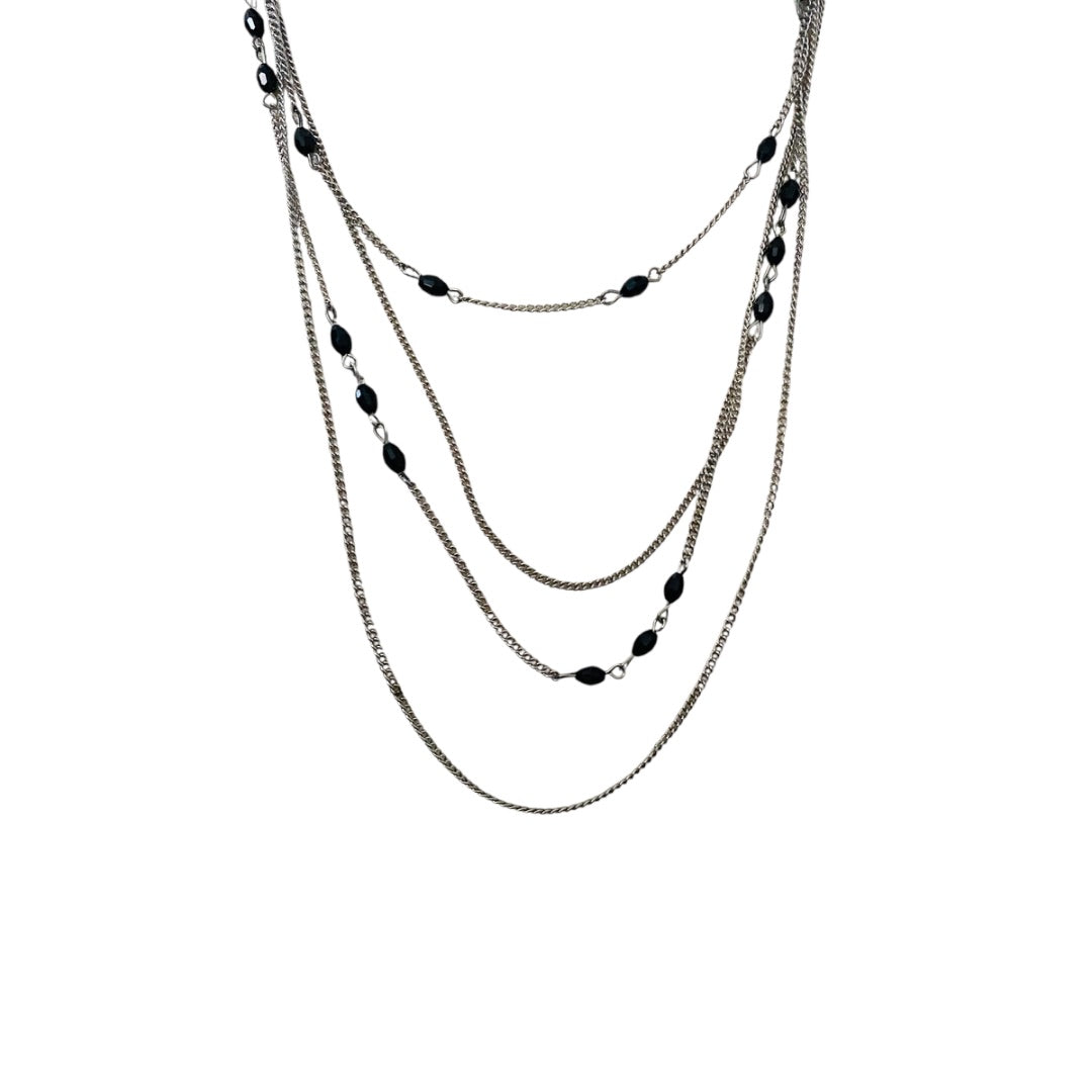 Silvertone and Black Beaded Tiered Necklace 22-25 Inches Lobster Clasp