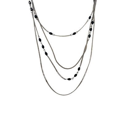 Silvertone and Black Beaded Tiered Necklace 22-25 Inches Lobster Clasp