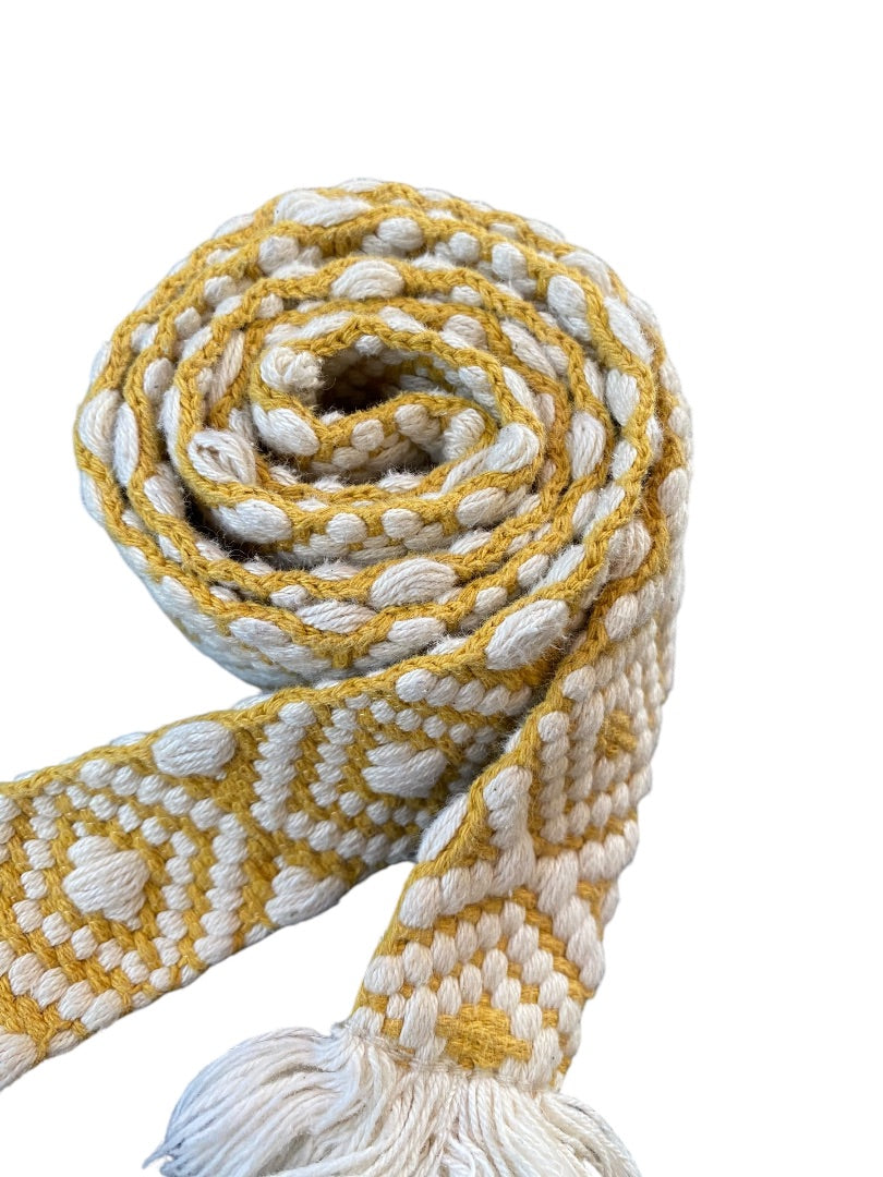 Womens Boho Woven Belt D-Ring Fringed 1.5 Inch Width Gold Off White
