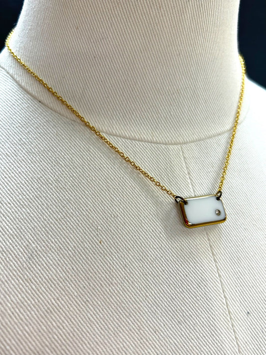 Goldtone Necklace White Rectangle Pendant 16 Inch Spring Closure