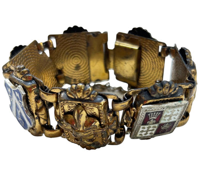 Vintage Goldtone 7 Panel Bracelet Crests France 7 Inch Chunky
