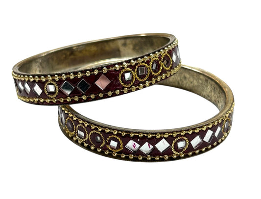 Set of 2 Goldtone and Mirrored Small Bangle Bracelets 2.25" Inside Diameter Burgundy