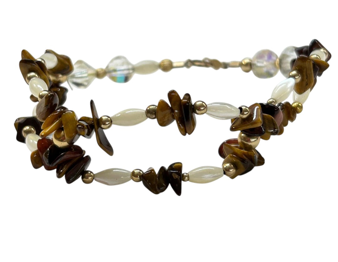 Double Strand Beaded Bracelet White Brown Goldtone Spring Clasp 8"