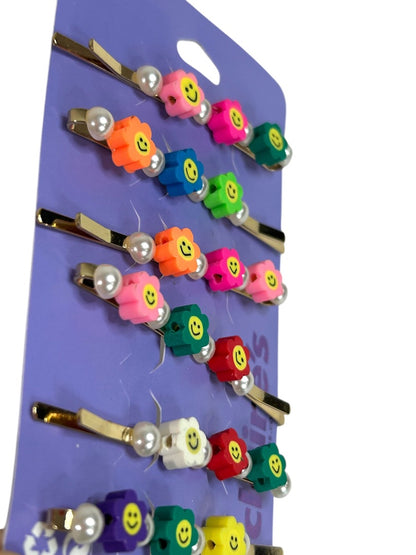 Claires New Rainbow Flower Smiley Face Bobby Pin Faux Pearl Set of 6