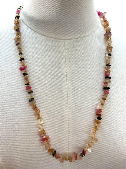 Chip Stone Necklace Goldtone Spacer 28 Inch Toggle Clasp Pink Black