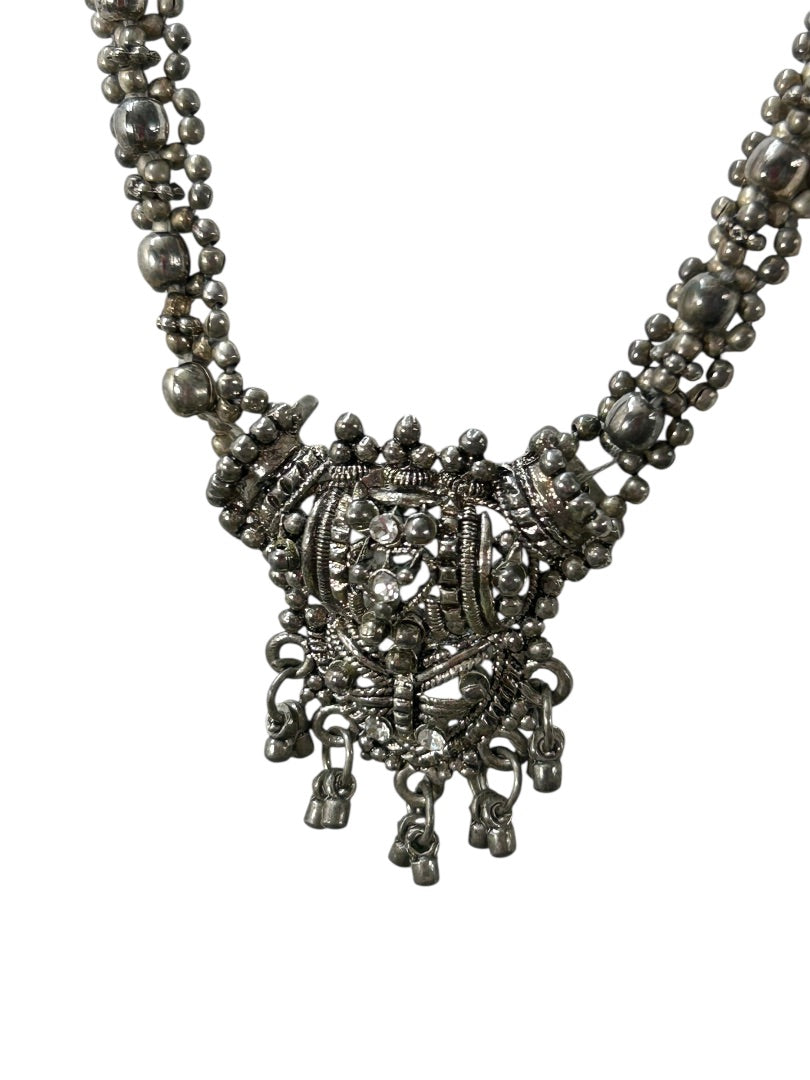 Slide Adjustable Overhead Silvertone Necklace Intricate Beading
