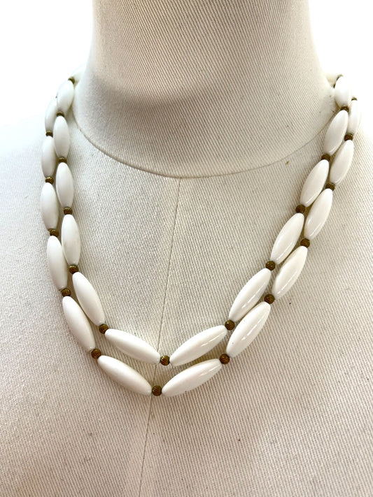 Vintage White Acrylic Bead Necklace Goldtone Foldover Clasp 22 Inch
