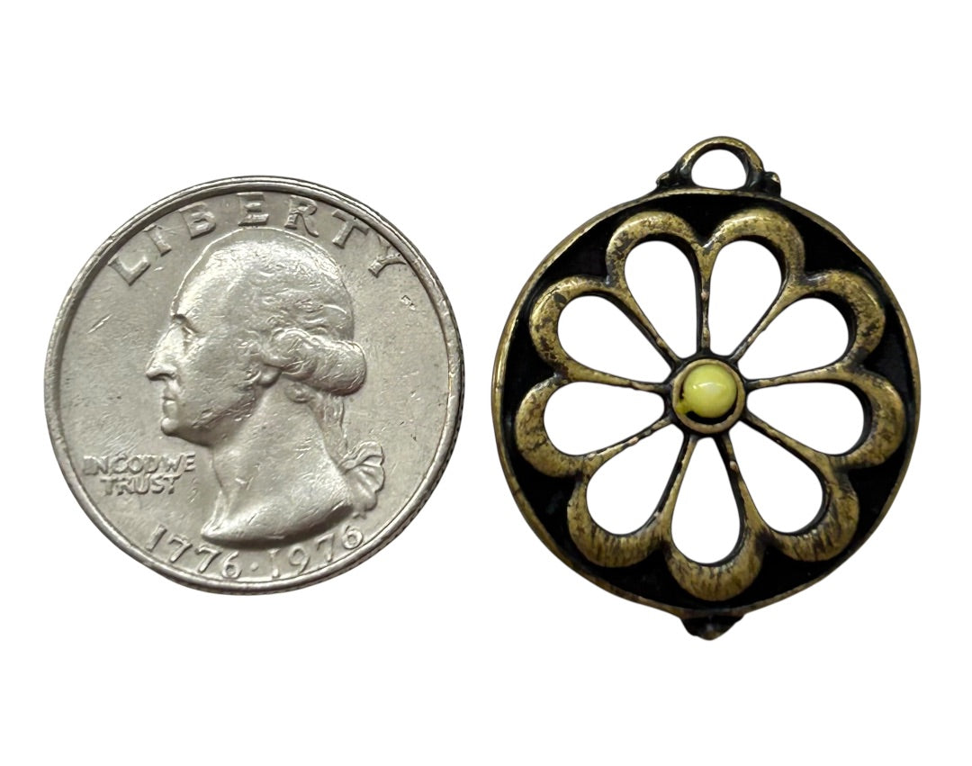 Goldtone Black Yellow Flower Pendant Open Design for Necklace 1 Inch Diameter