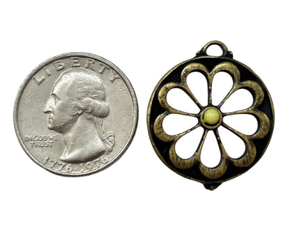 Goldtone Black Yellow Flower Pendant Open Design for Necklace 1 Inch Diameter