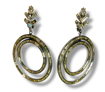 Signed Trifari Vintage Rhinestone Clip On Non-Pierced Earrings Circles 2.25" Drop