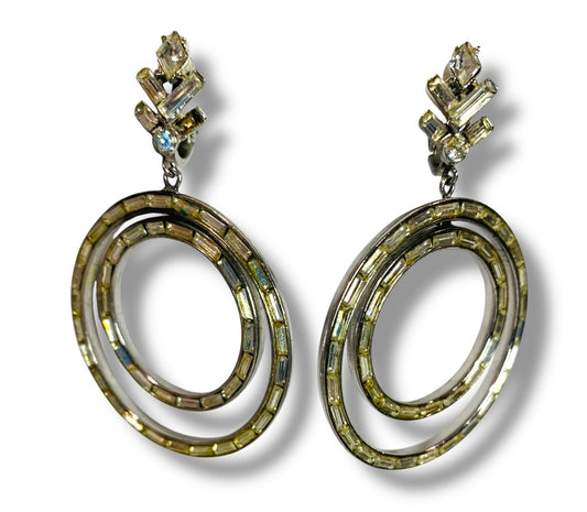 Signed Trifari Vintage Rhinestone Clip On Non-Pierced Earrings Circles 2.25" Drop