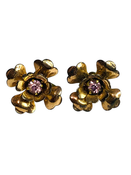 Vintage Clip On Screwback Earrings Flower Pink Crystal Copper Color .75 Inch