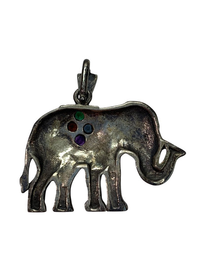 Vintage Elephant Silver Luck Pendant Stones Small 1 Inch