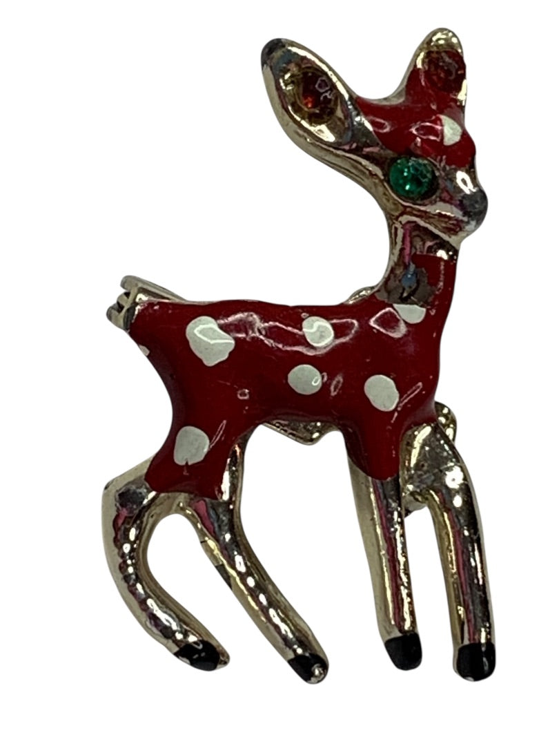 Vintage Fawn Deer Enamel Pin Brooch Small 1.25 Inch Red