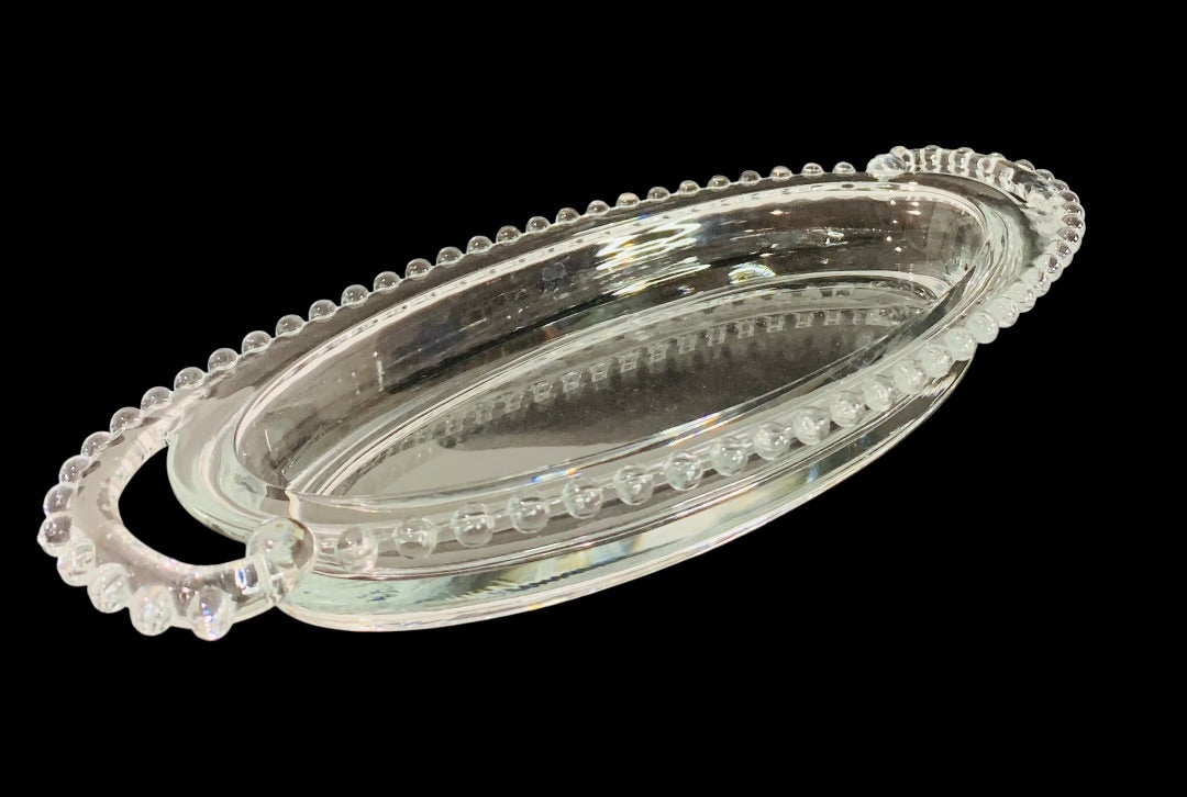 Imperial Glass Oval Celery Dish Beaded Curved Handle 13.5 Inch Candlewick