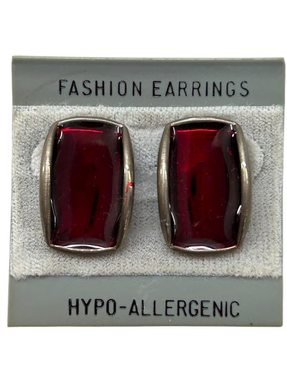 Vintage Fashion Earrings Post Pierced Red Silvertone 1 Inch