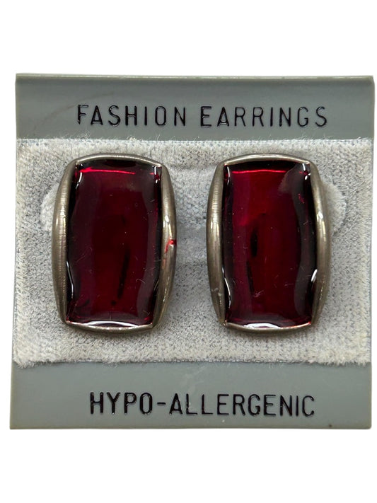 Vintage Fashion Earrings Post Pierced Red Silvertone 1 Inch