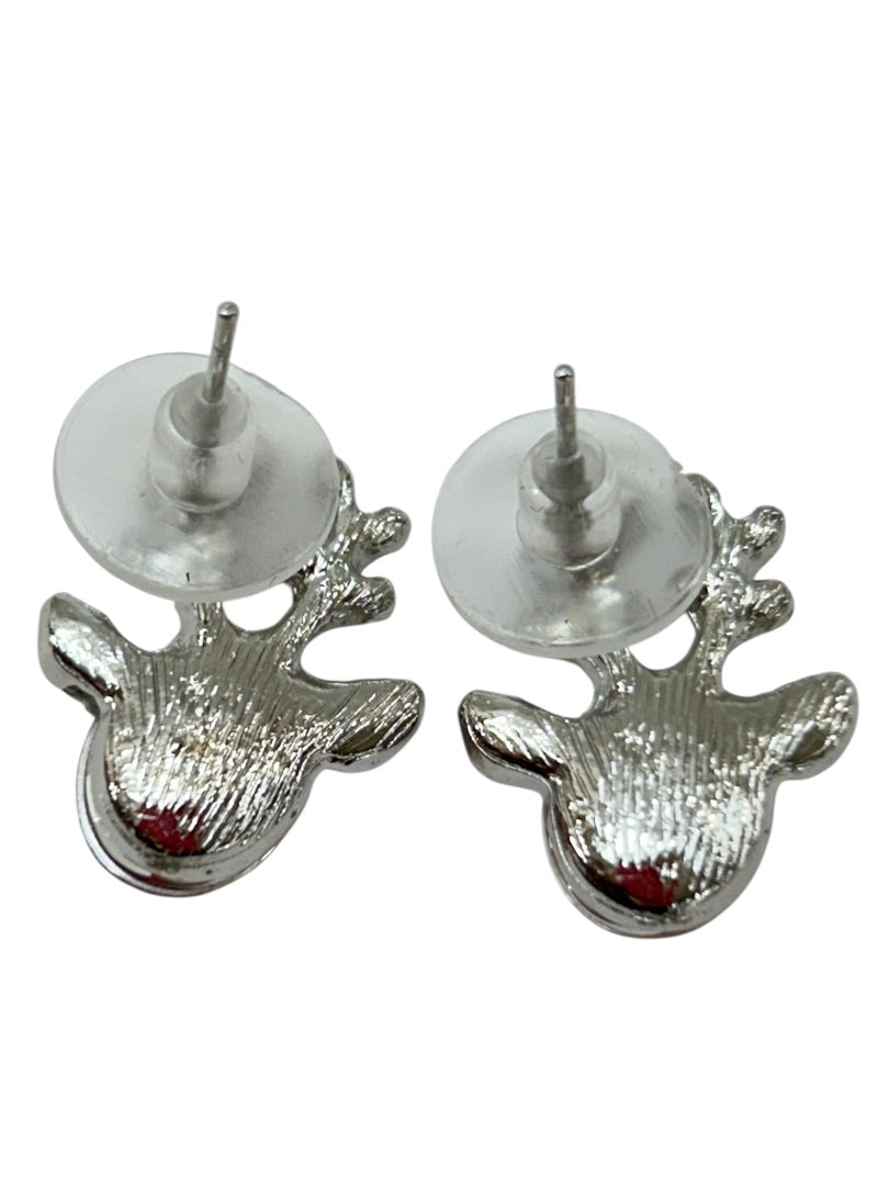 Silvertone Red Reindeer Earrings Post Pierced Sparkle .6 Inch