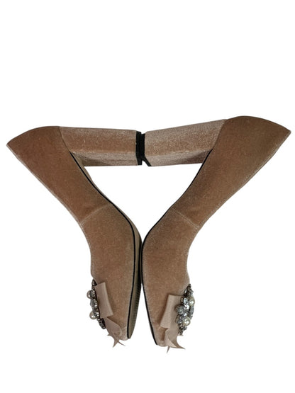 Size 5.5 Sole Society Womens Beige Velvet Embellished 3" Block Heels