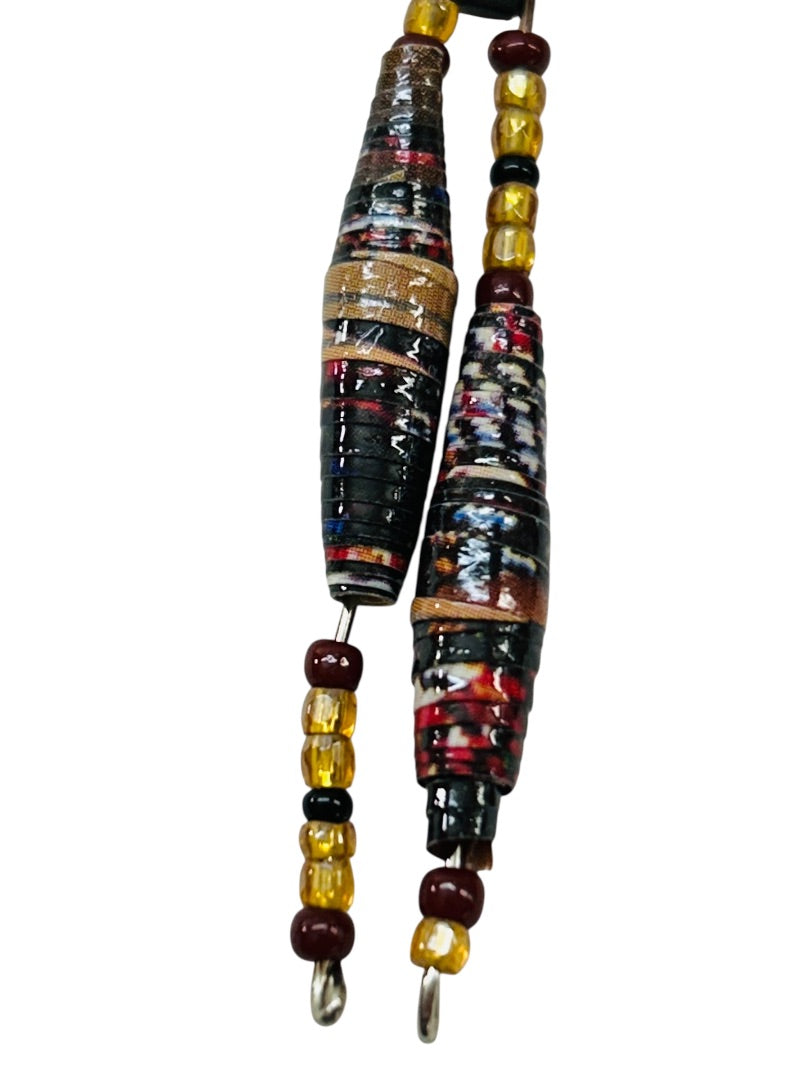 Paper and Seed Bead Earrings Fishhook Pierced 2.5" Drop Dangle