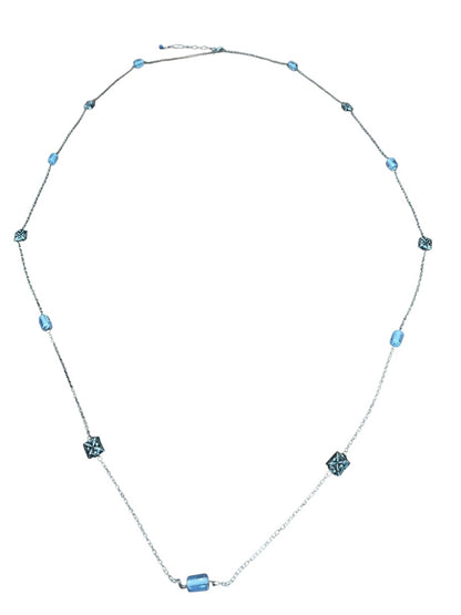 Small Blue Bead and Silvertone Bead Chain Adjustable Necklace 57 Inch