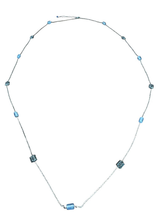 Small Blue Bead and Silvertone Bead Chain Adjustable Necklace 57 Inch