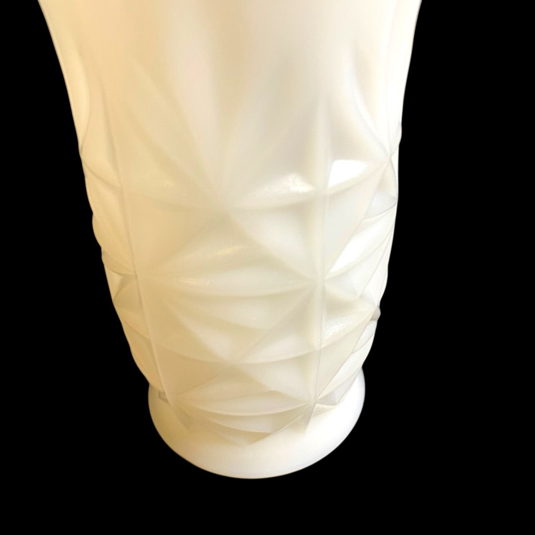 Hazel-Atlas Opaque Milk Glass Vase 5.5" with Sticker Starburst Ruffle Edge