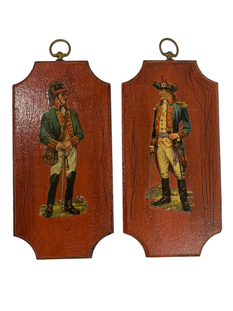 Vintage Revolutionary War Officers Wooden Decoupage Set of 2 Wall Plaques