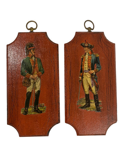 Vintage Revolutionary War Officers Wooden Decoupage Set of 2 Wall Plaques