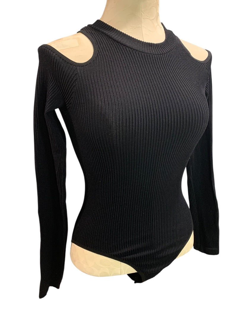 M/L Fashion Nova Womens Black Ribbed Bodysuit Cold Shoulder