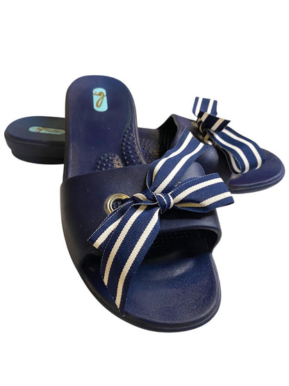 Large (9/10) Oka B Womens Navy Blue Slide Sandal Shoes Grosgrain Ribbon Bow