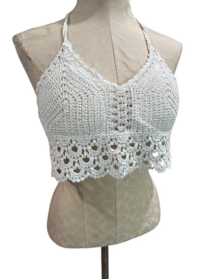 Small Crochet White Tie Crop Top Boho Padded