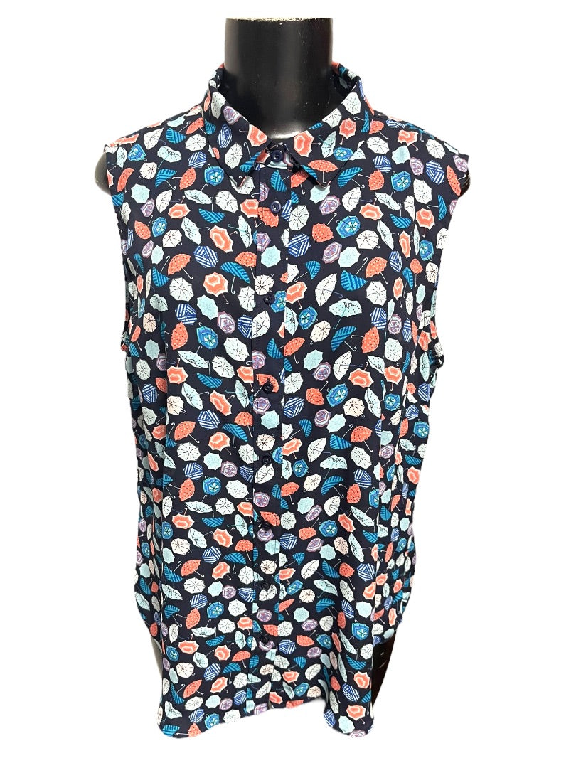 Large Talbots Button Up Collared Sleeveless Umbrella Patterned Shirt