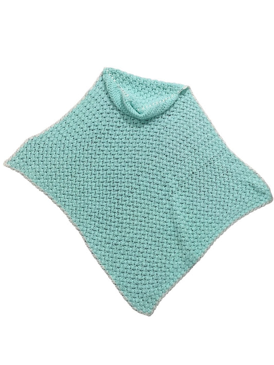 Vintage Mint Green Baby Blanket Crochet White Trim 37" x 34" Hood