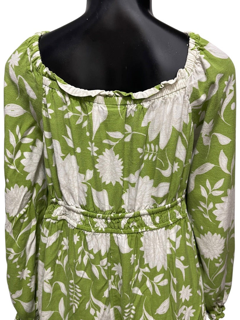 1XL Ava & Viv Floral Long Sleeve Tie Waist Dress Green Boho Style