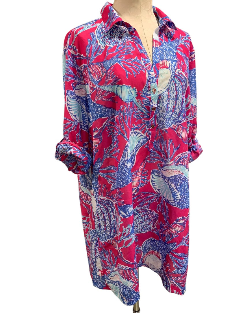 XL Talbots Womens Bathing Cover Up Roll Tab Sleeves Shell Print
