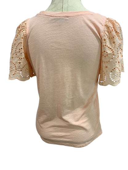 XS Loft Womens Peach Eyelet Sleeve Tshirt Round Neck