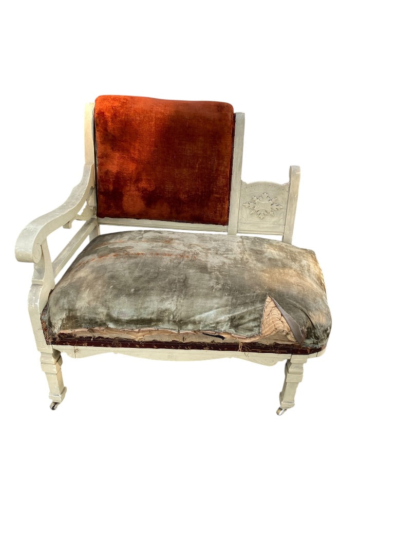 Antique Victorian Cottage Settee Chair Velvet Carved Wood Casters