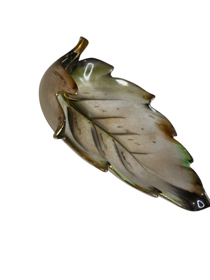 Midcentury Ceramic Leaf Trinket Dish Green Brown Gold Trim 6" x 4"