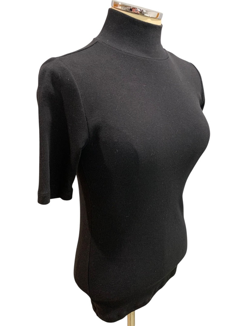 XS Loft Womens Black Ribbed Mock Neck Pullover Shirt Short Sleeve
